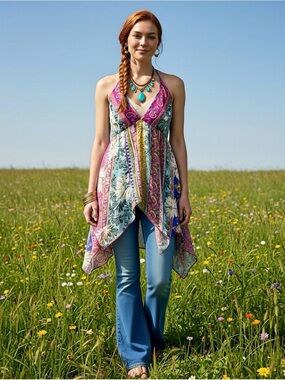 Boho Patchwork Halter Mini Dress in Pink, Teal & Cream
